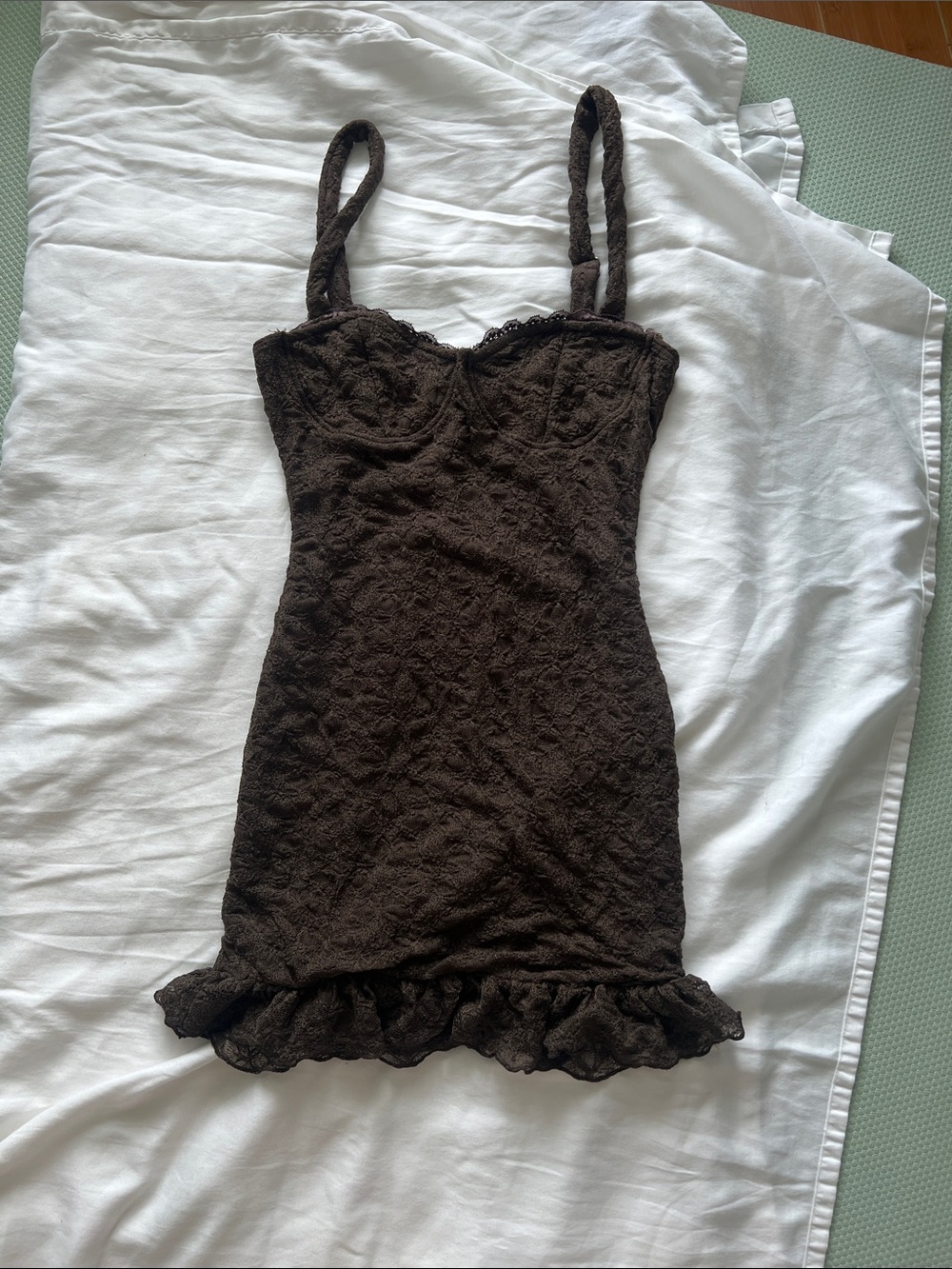 Fashion Nova Dark Brown Lace Ruffle Slip Dress
